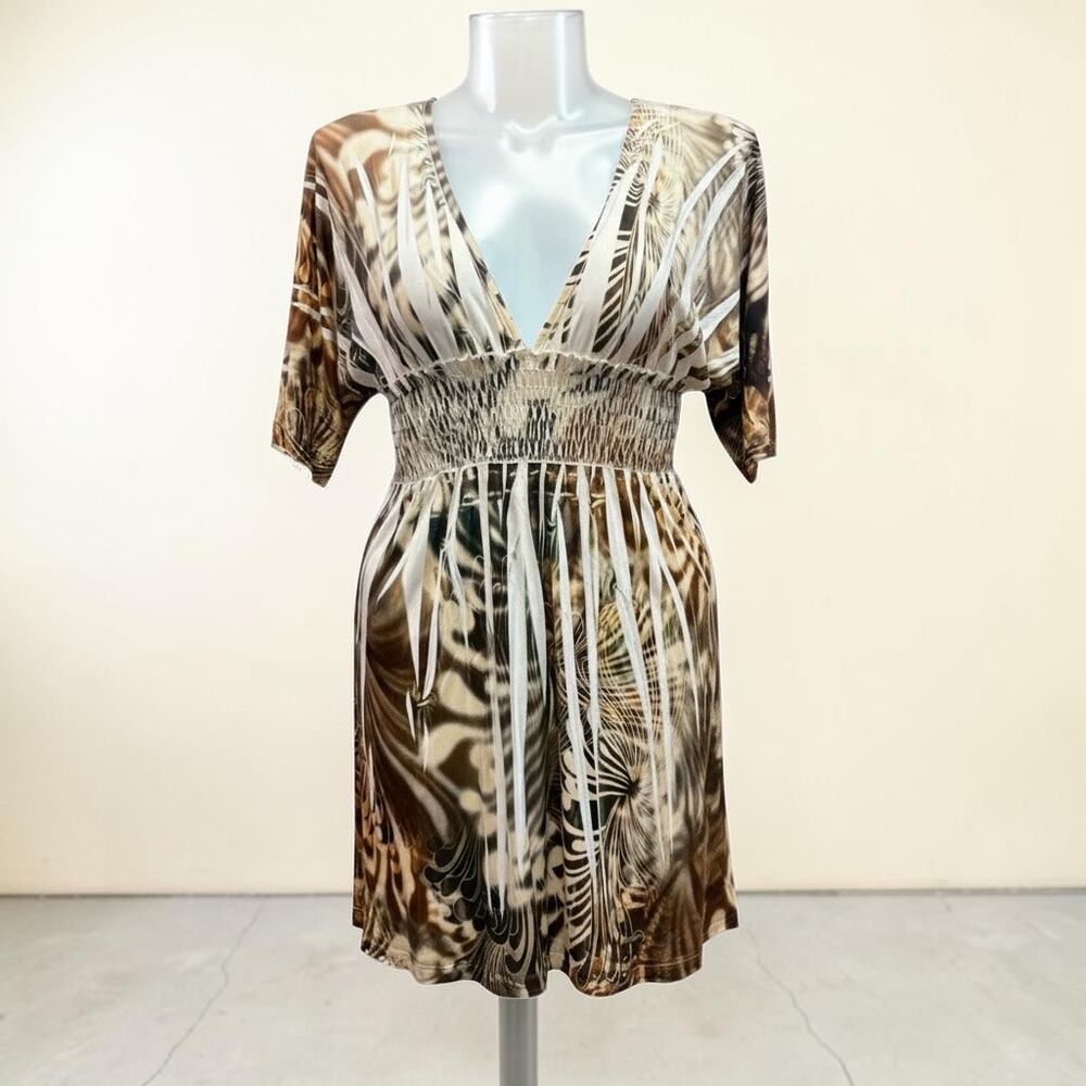 Voll Boho Abstract Print Smocked Mini Dress Tunic - One Size